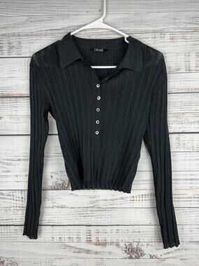 DRAE Black Shimmer Long Sleeve Crop Top Collared Dark Academia Small Stretch Rib